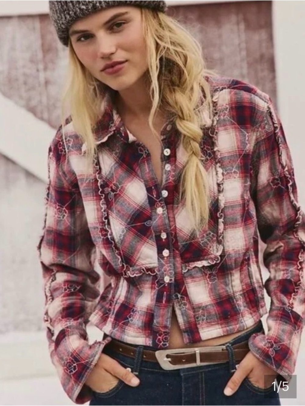NWT! Free People Georgia Plaid Embroidered Botton Down Cropped ~ XS